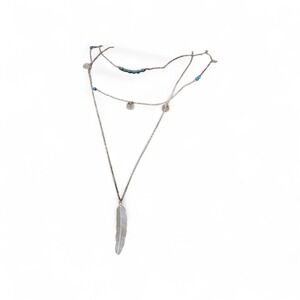 Boho Layered Feather Necklace Turquoise Silver Tone